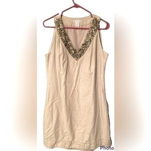 Beige linen dress. Size 14. Sequined details. Metallic thread detailing